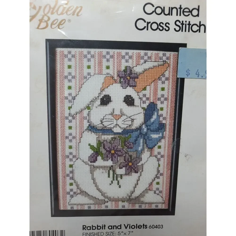 Golden Bee Counted Cross Stitch Kit Rabbit and Violets 60403 5x7 with Frame